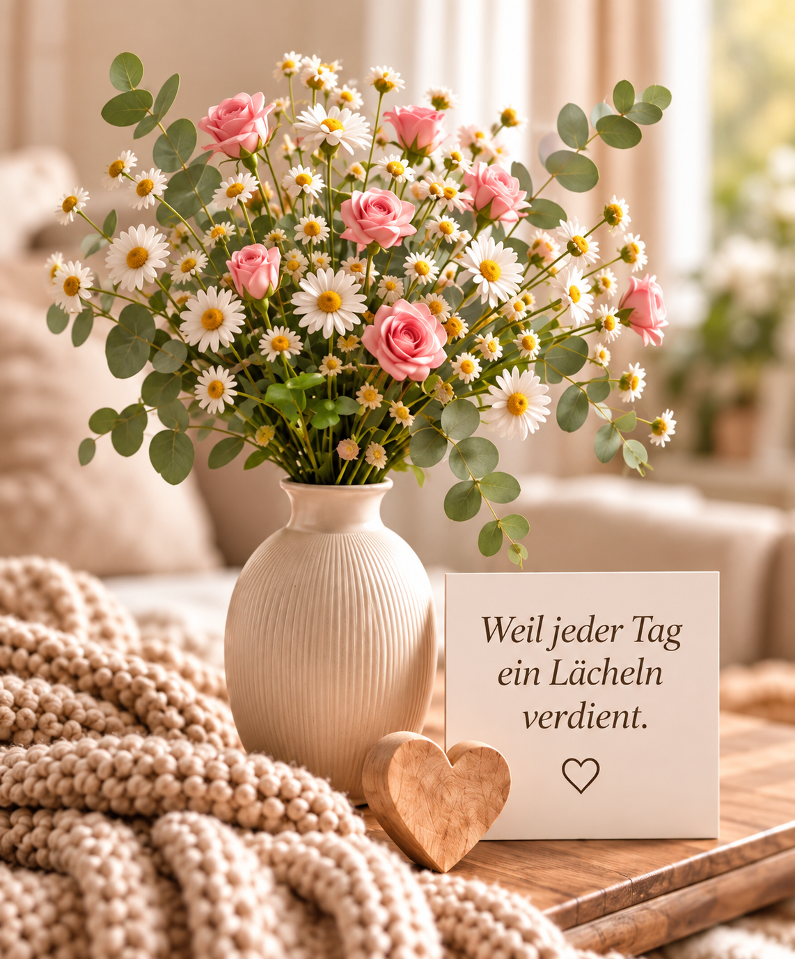Blumenvase mit Rosen und Gänseblümchen – „Weil jeder Tag ein Lächeln verdient“